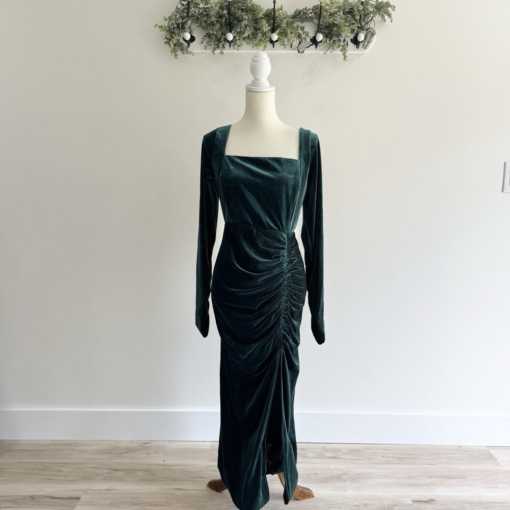 Birdy Grey Emerald Green Formal Ruched Long Sleeve Velvet Dress Size XL 21-4981